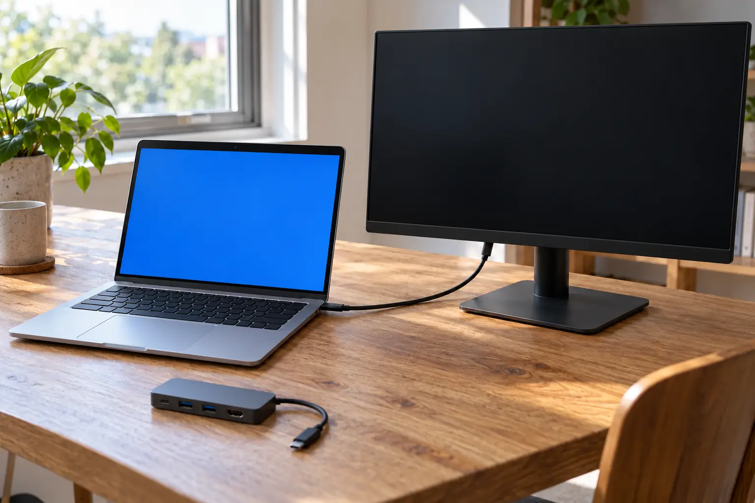 외부 모니터를 직접 연결한 노트북과 옆에 분리해 둔 USB 허브