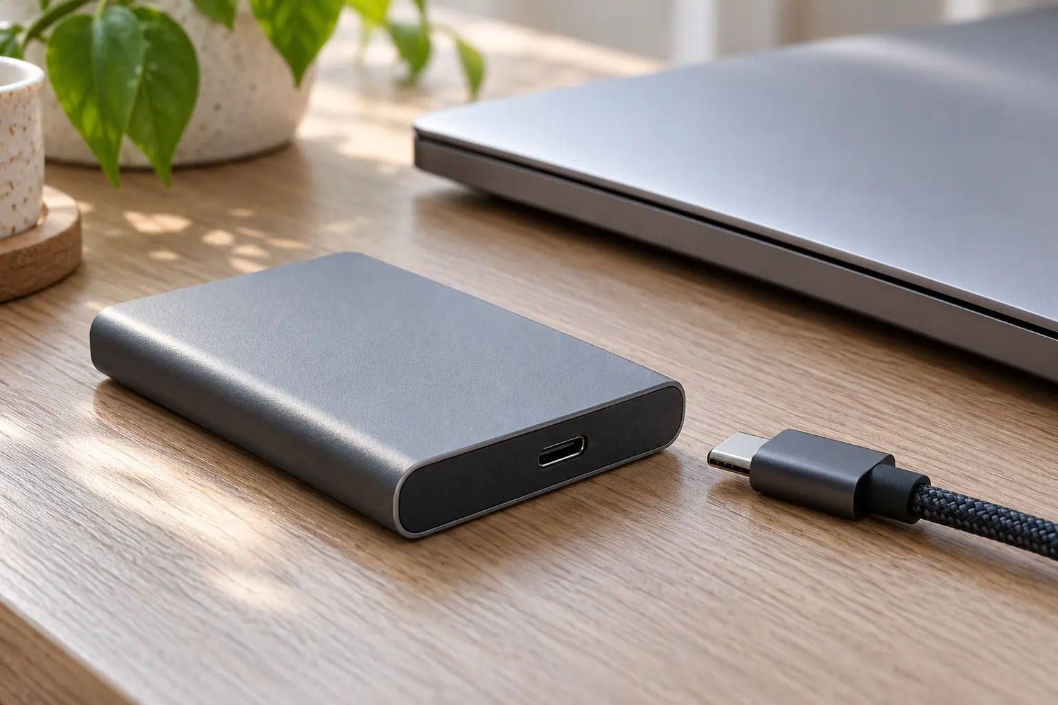 닫힌 노트북 옆 외장 SSD와 분리된 USB-C 커넥터
