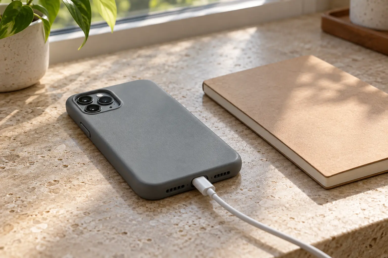 케이스를 씌운 스마트폰 하단에 USB-C 충전 케이블이 연결되고 옆에 닫힌 공책이 놓인 모습
